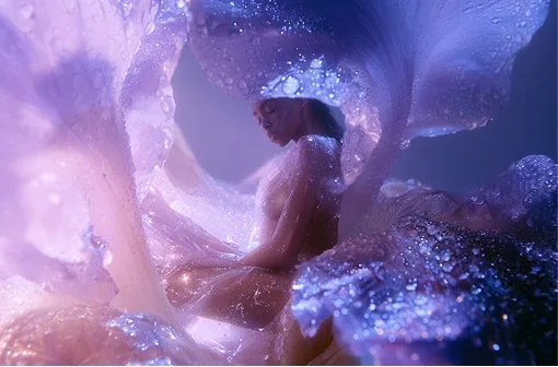 A woman's silhouette curled inside the glowing petals of a large violet iris flower, covered in dewdrops