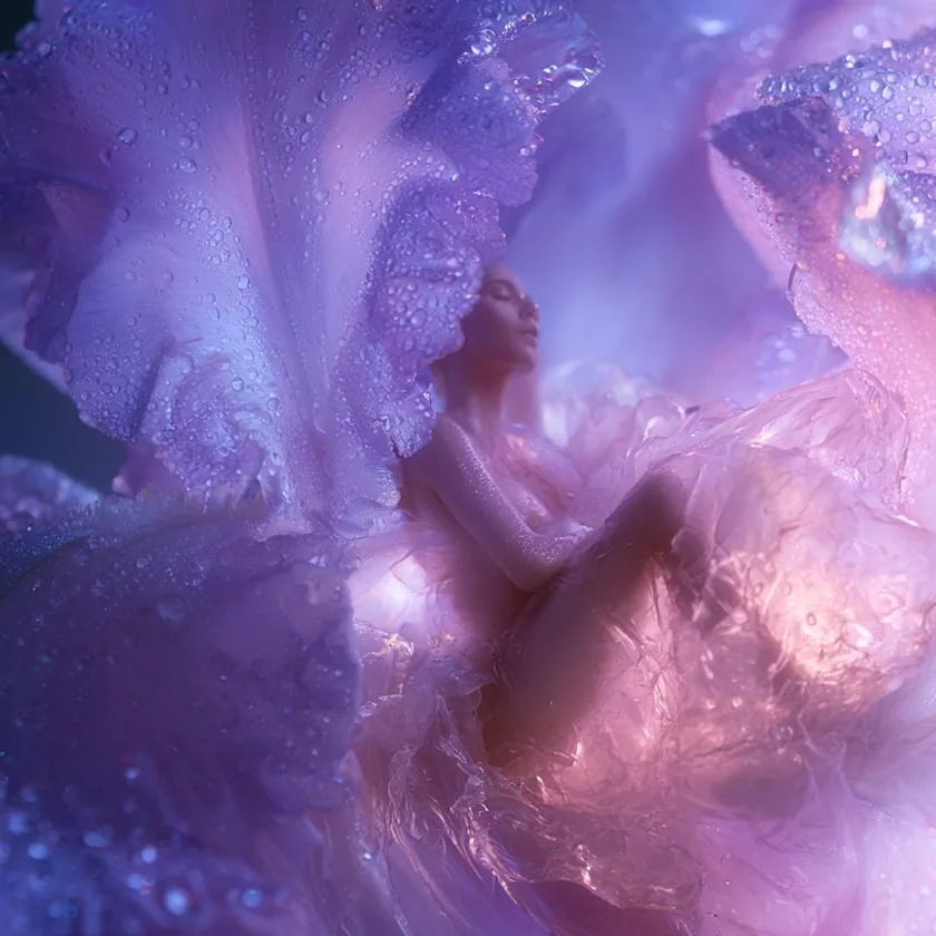 A woman's silhouette sitting curled inside the petals of a large purple iris flower, covered in dewdrops and glowing softly in violet and pink light