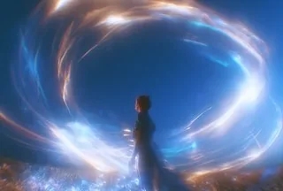 Silhouette of a person standing inside a swirling ring of golden and blue light trails against a night sky