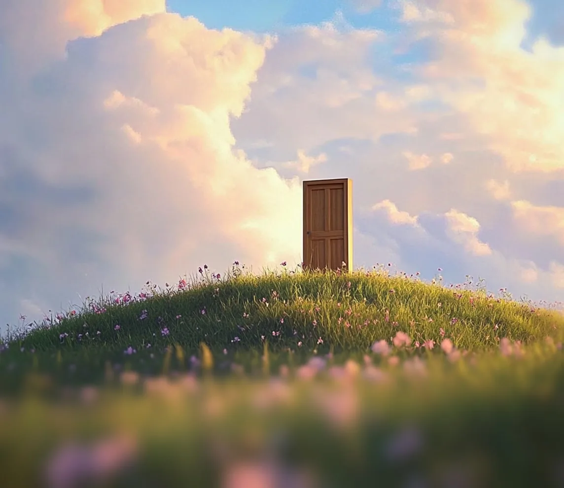 A wooden door standing open atop a grassy hill under a sky filled with soft clouds