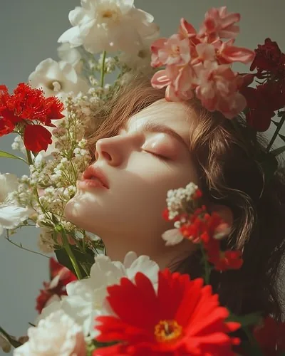 A woman with closed eyes surrounded by red and white flowers, her face lit softly from the side