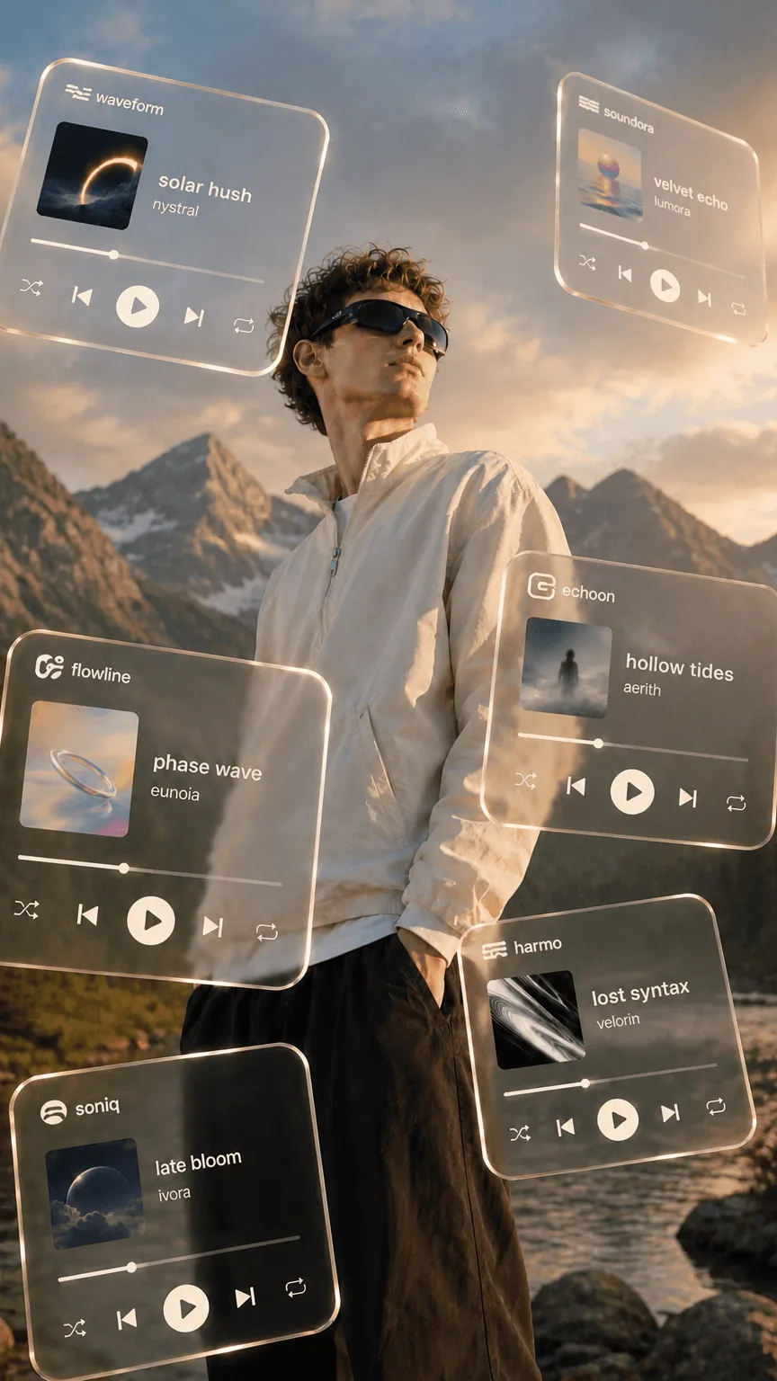 A man in sunglasses standing against a mountain landscape, surrounded by floating music player widgets showing song titles and playback controls