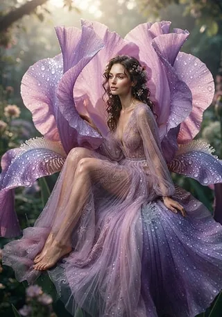 A woman in a flowing lilac gown seated on an oversized purple iris flower, styled like a fairytale queen in a sunlit garden