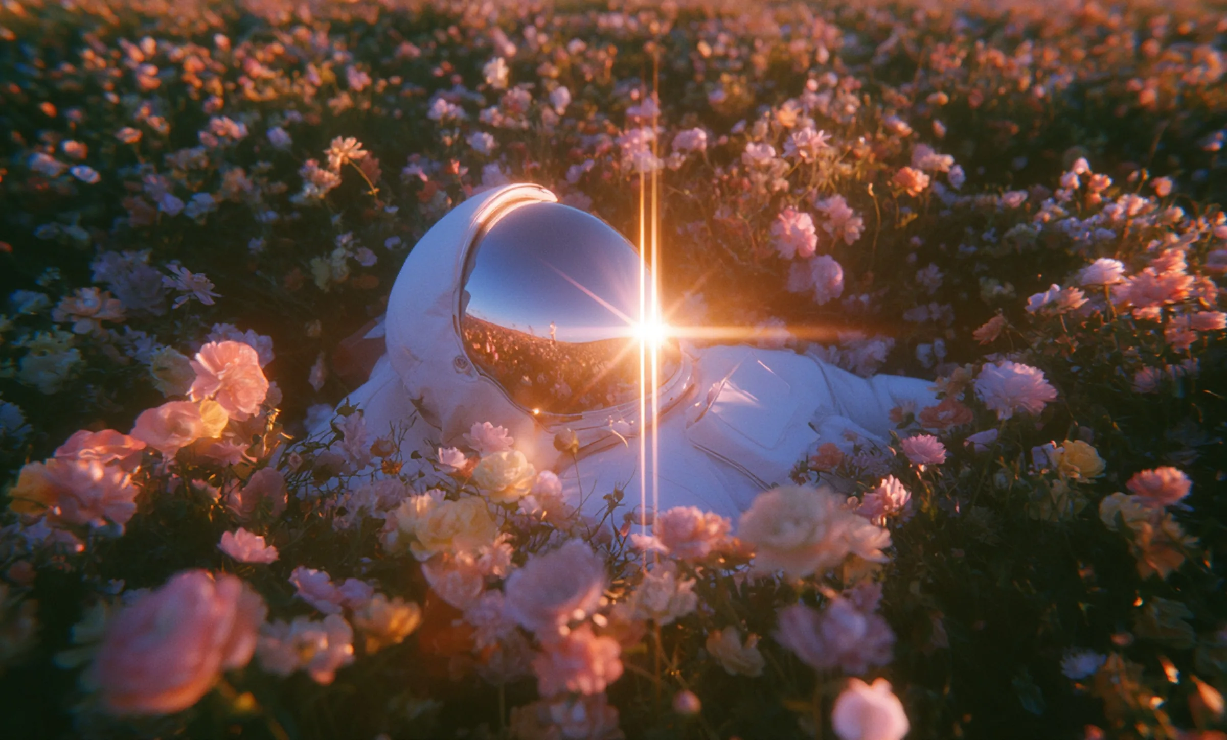 Close-up of a glass astronaut helmet resting in a field of pink and white flowers at golden hour, reflecting the sunset