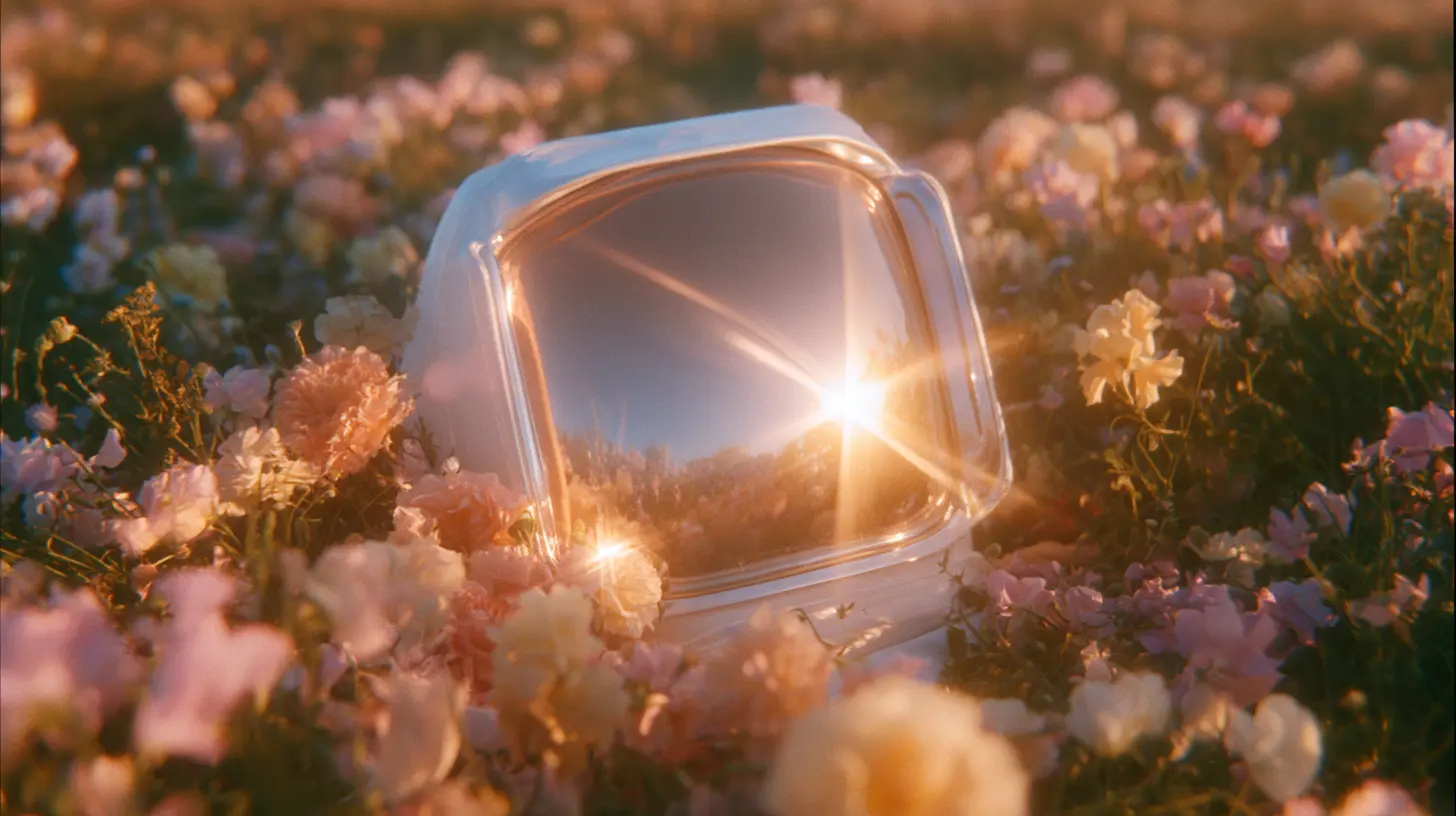 Close-up of a glass astronaut helmet resting in a field of pink and white flowers at golden hour, reflecting the sunset