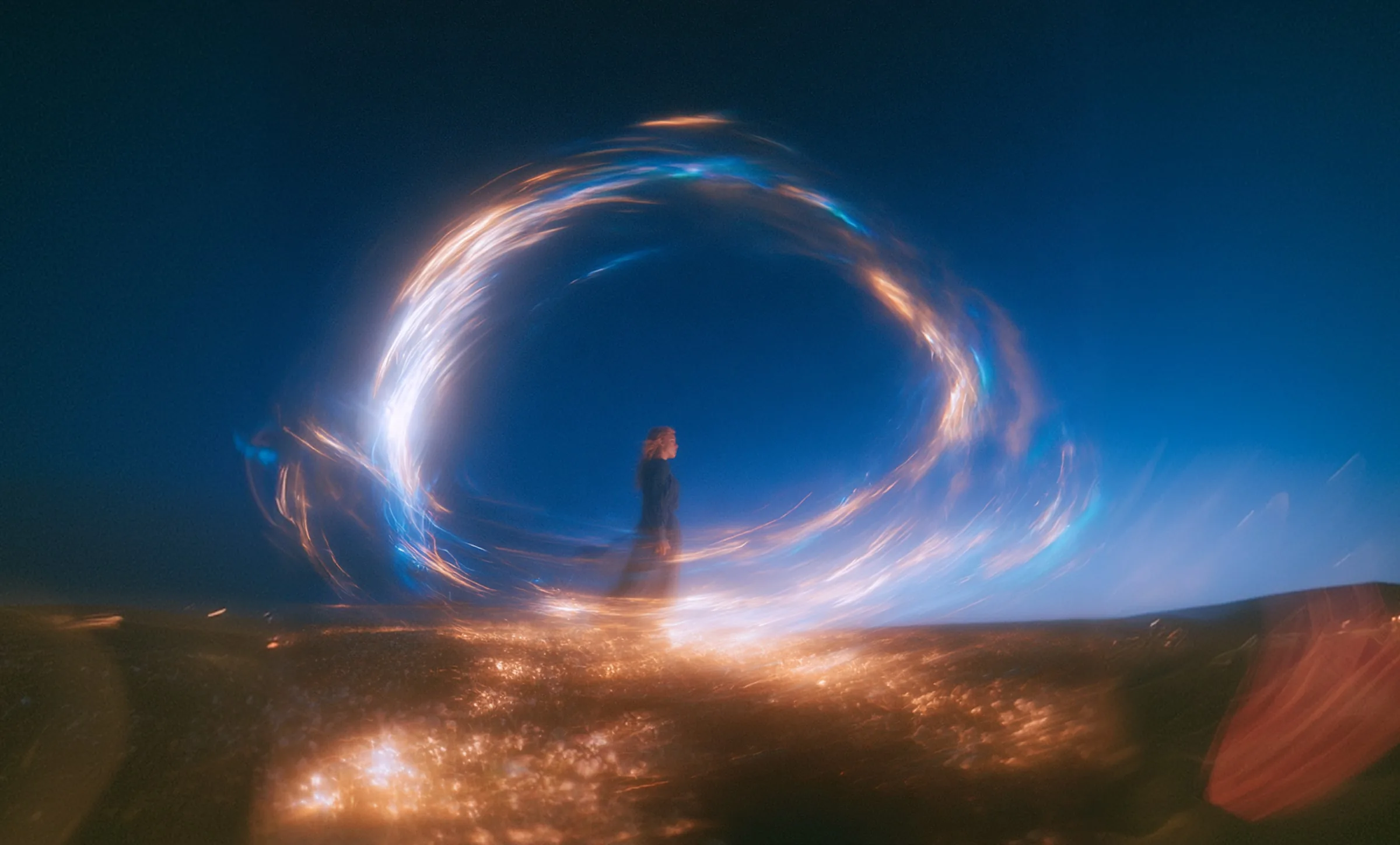 Silhouette of a woman standing on a hilltop at night, encircled by a swirling ring of light trails glowing gold and blue against the dark sky