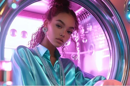 Close-up portrait of a woman with curly hair and layered jewelry, leaning against the glowing drum of a washing machine lit in pink and teal