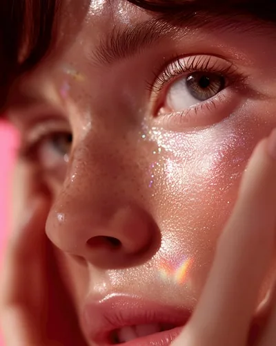 Close-up of a woman's face with glitter on her cheek and hands framing her jaw, lit in pink tones