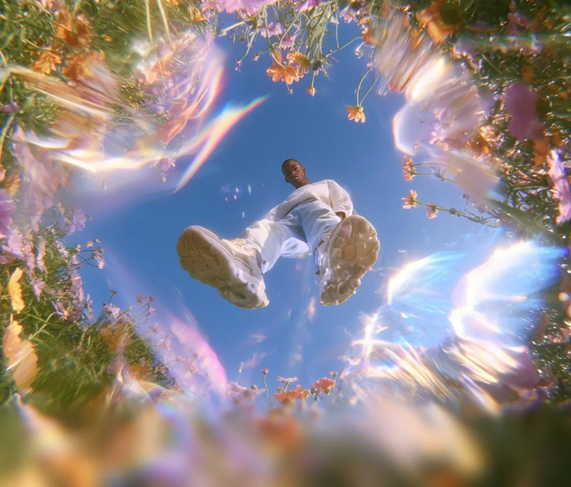 Low-angle view looking up through flowers at a person mid-jump against a blue sky, framed by prismatic light flares