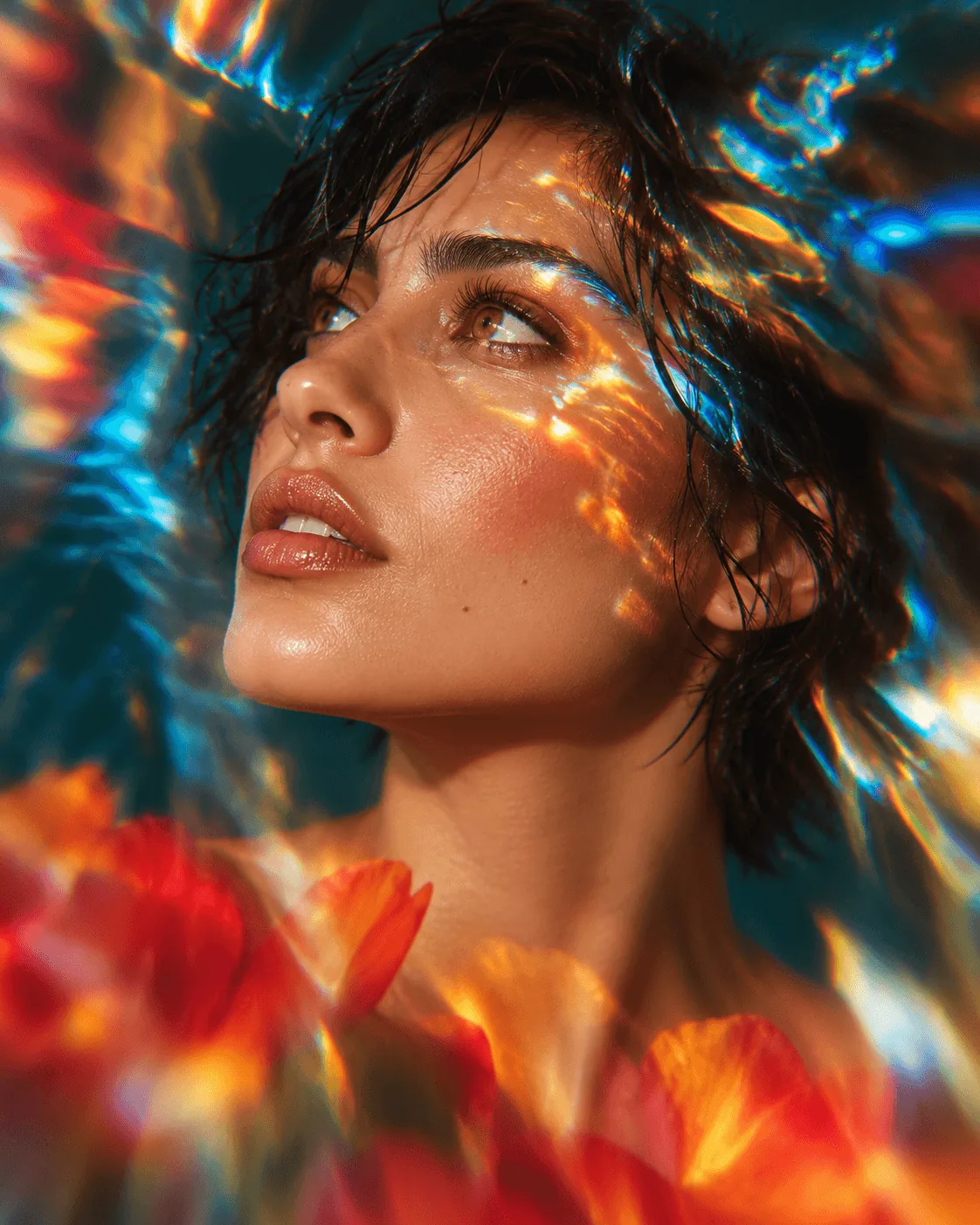 Portrait with dark hair, orange petals and refracted cyan and amber light